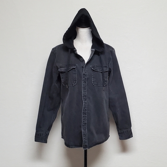VINTAGE 80s Black Denim Contrast Hood Long Sleeve Button Up Grunge Jacket Medium - Picture 4 of 12